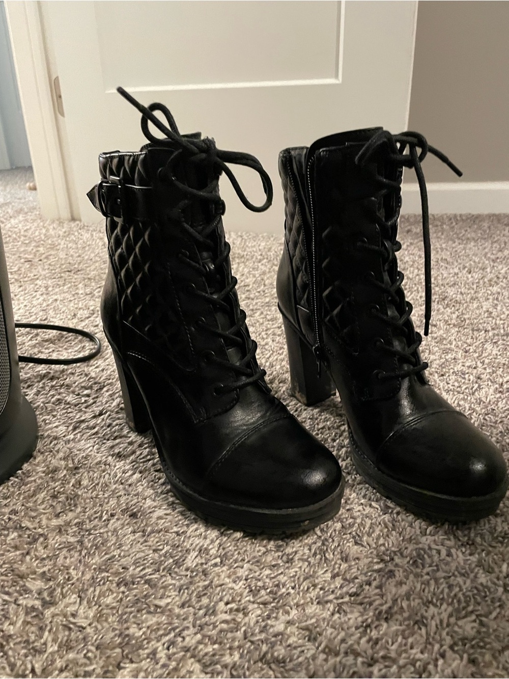 Black Quilted Lace-Up Heeled Combat Boots - Women